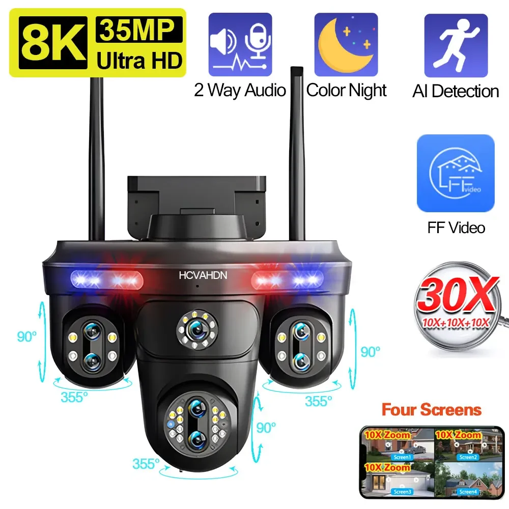4K 10X Zoom Wifi PTZ Security Camera Auto Tracking Outdoor Seven Lens Four Screen Panoramic View CCTV Video Surveillance Camera