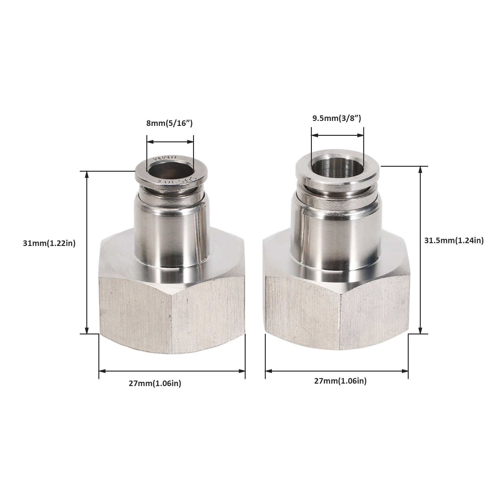 All Stainless Steel 8/9.5mm Push In to Female 5/8