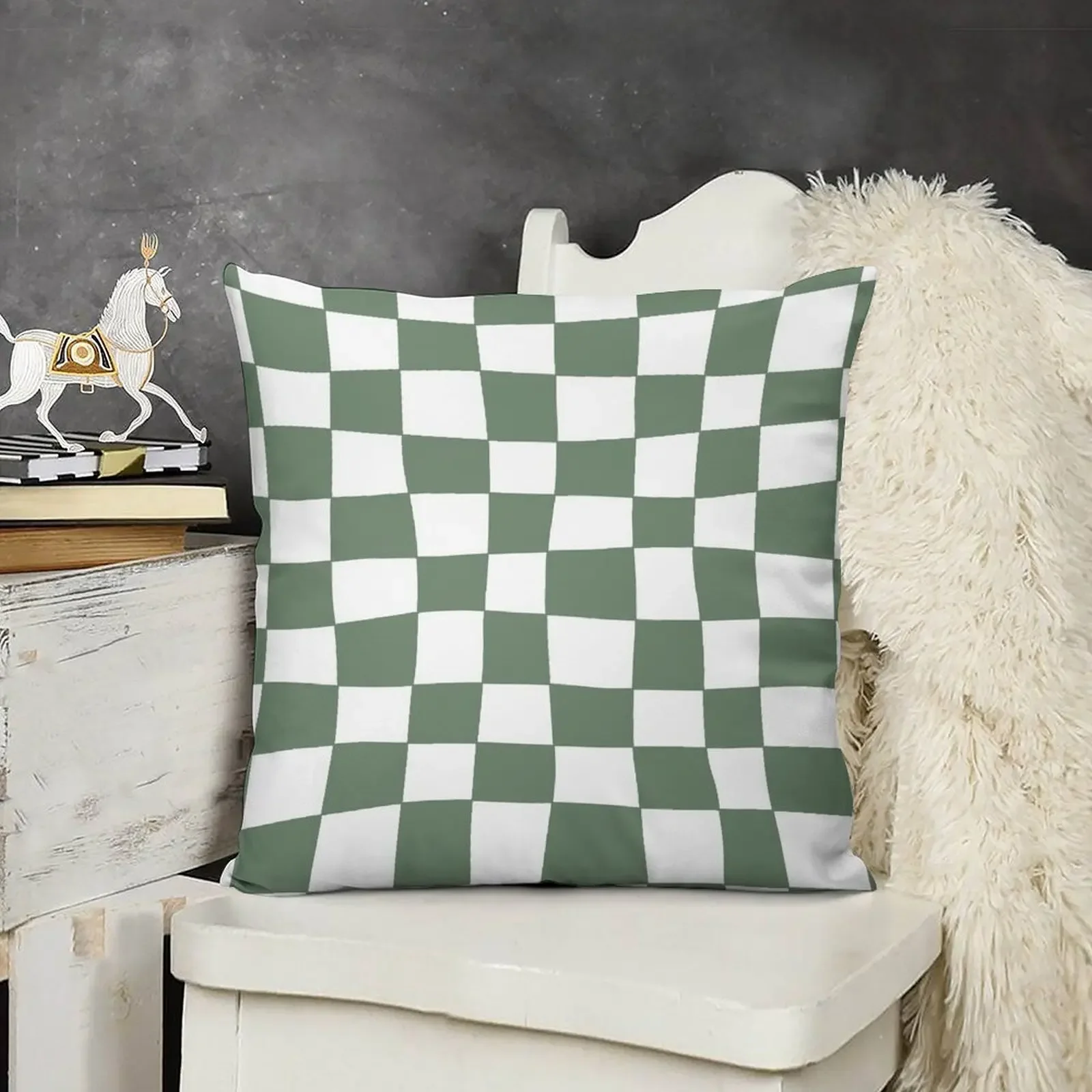 

Hand Drawn Checkerboard Pattern (sage green/white) Throw Pillow Pillow Case Decorative Cushion Cover Luxury Pillow Cover
