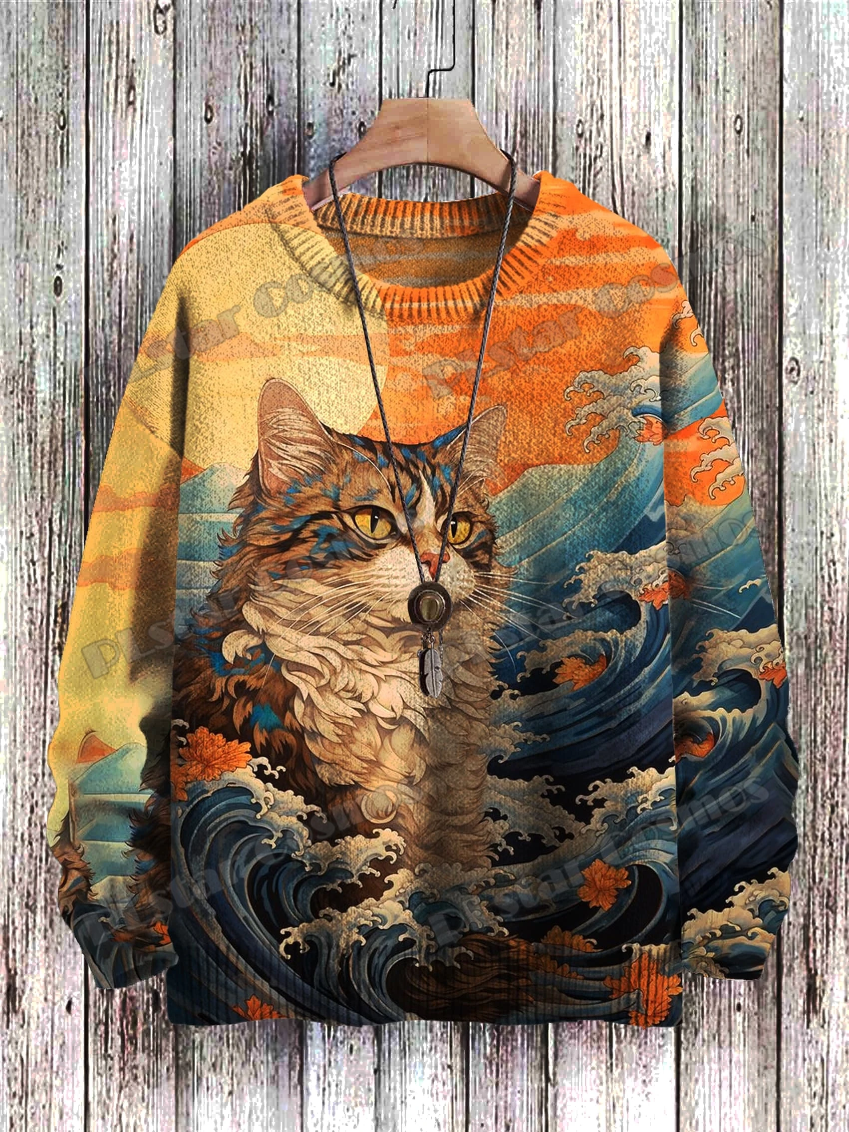 PLstar Cosmos Retro Fashion Cat Pattern 3D Printed Men's Knitted Pullover Winter Unisex Casual Knit Pullover Sweater ZZM109