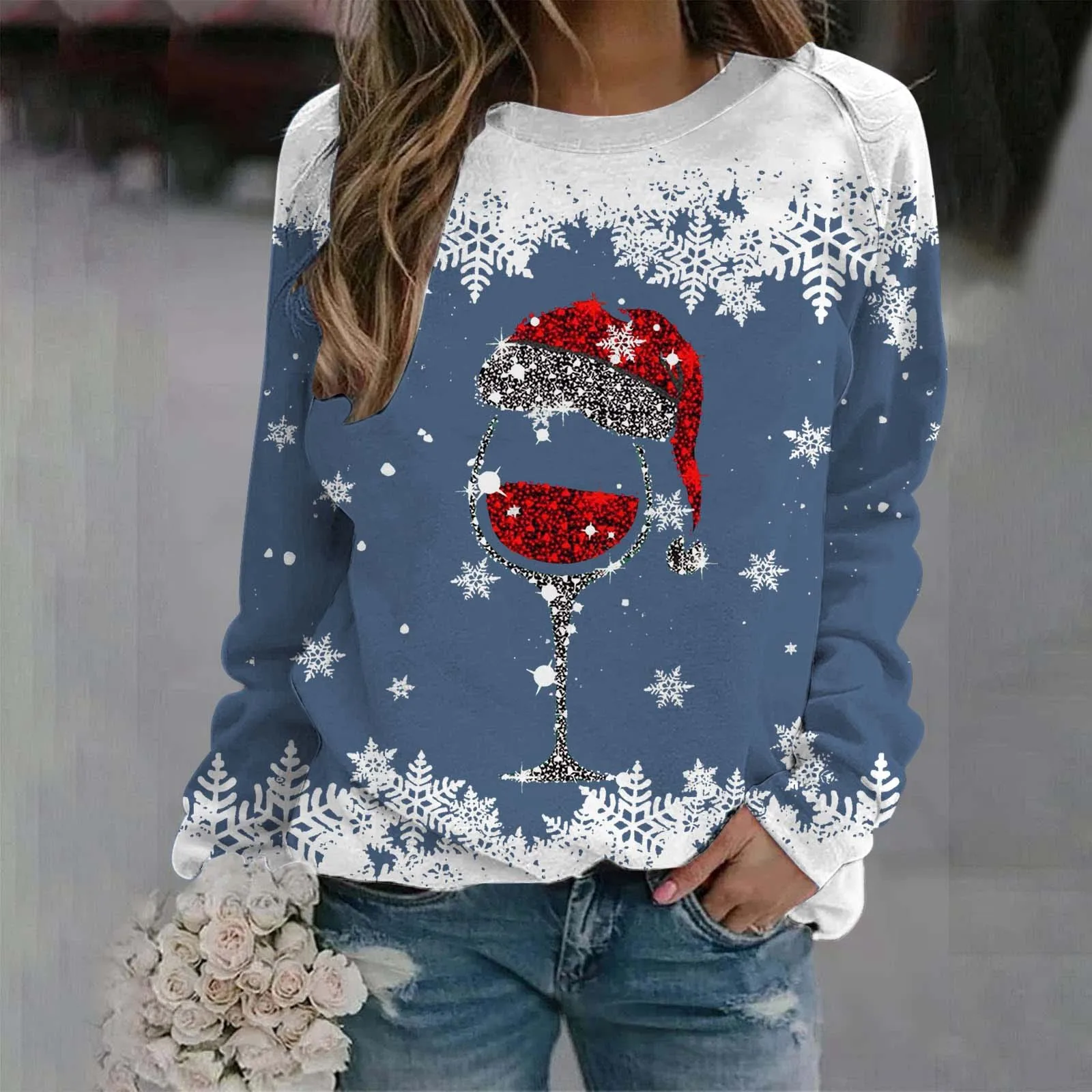 Casual Round Neck Sweashirt Christmas Snowflake Red Wine Glass Printed Pullover Shoulder Long Sleeved Sports Cute Hoodie Women