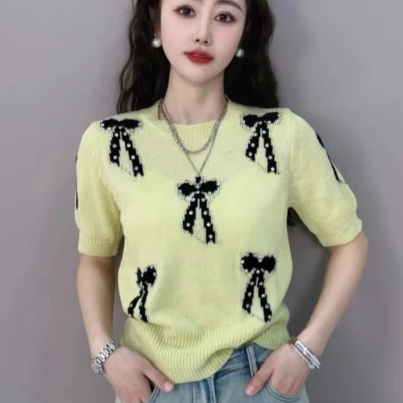 Summer Diamonds Bow Quality Sweater Women Knit Tees T-shirts Short Sleeve Elegant Knit Stylish Fashion Knitwear Jumpers Q1007