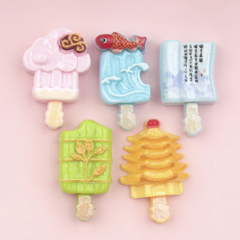 10/100pcs Simulation Chinese-style Popsicle Resin Flatback for Scrapbooking Decoration DIY Hairpin Crafts Hair Bows Accessories