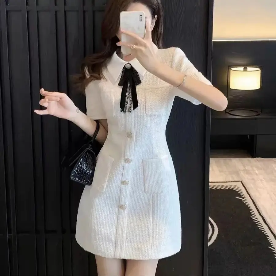 White Bow Pocket Buttons Short Sleevs A-line Dress For Women\'s Summer New Temperament French Waist Slimming Small Fragrant Style