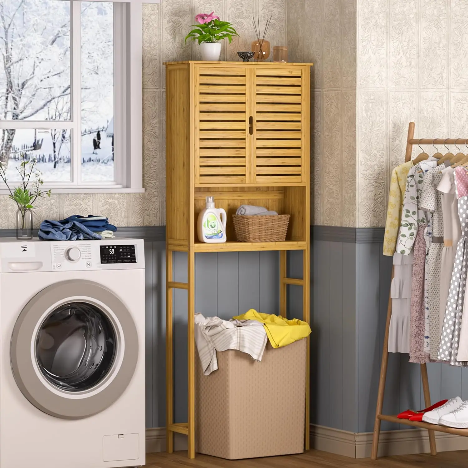 Bamboo Over The Toilet Storage Cabinet Bathroom Space Saver Over The Toilet Rack with Adjustable Shelf Natural Color