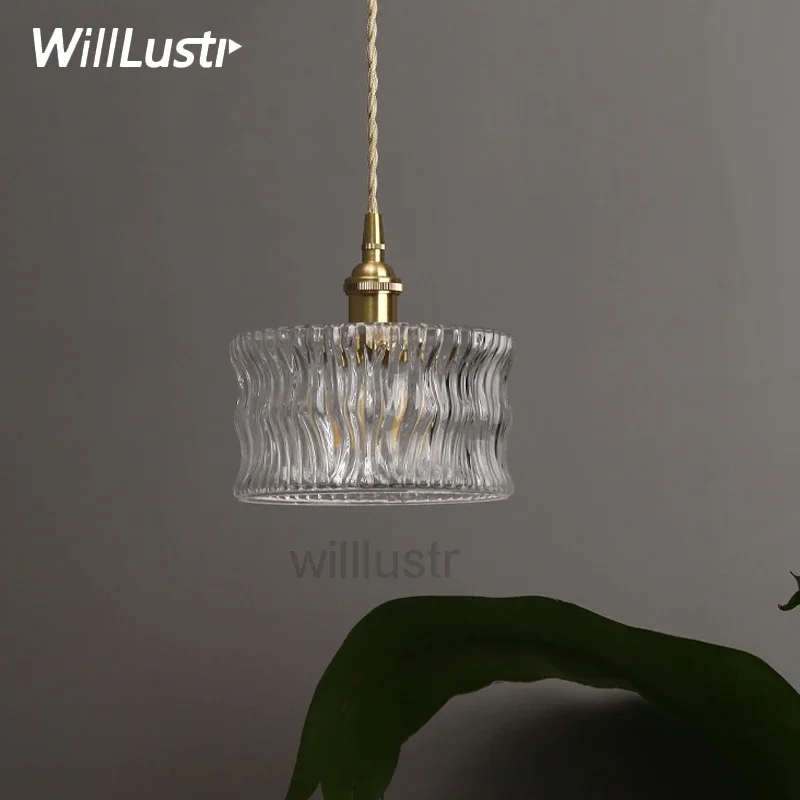 

Ribbed Wave Glass Brass Pendant Lamp Clear Crystal Antique Ceiling Chandelier Hotel Bedroom Handmade Suspension Hanging Lighting