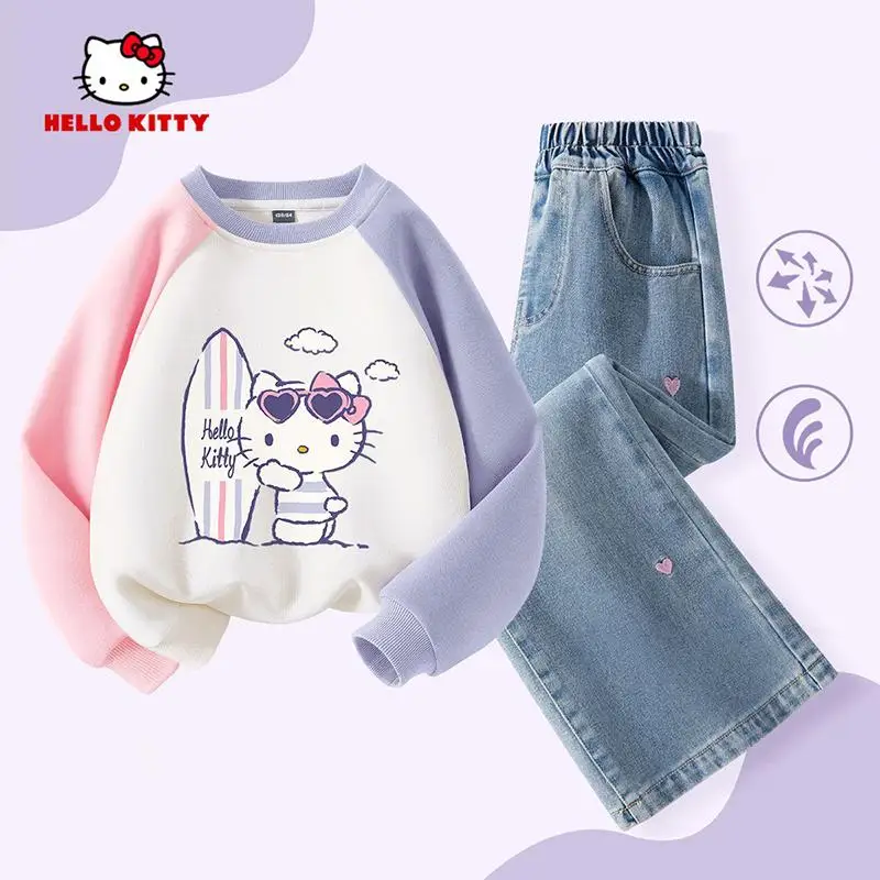 سانريو مرحبا كيتي قطعتين مجموعة فتاة ربيع الخريف طويلة الأكمام بلايز الترفيه السراويل Kawaii أنيمي موضة جديدة ملابس الأطفال الساخن