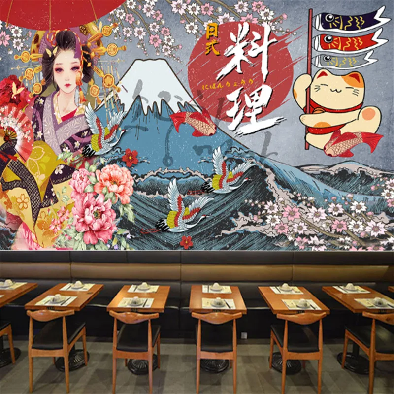 Custom Japanese Cuisine Ukiyo-e Geisha Wall Papers Mural Beauty Sushi Restaurant Background 3D Wallpaper Industrial Decor