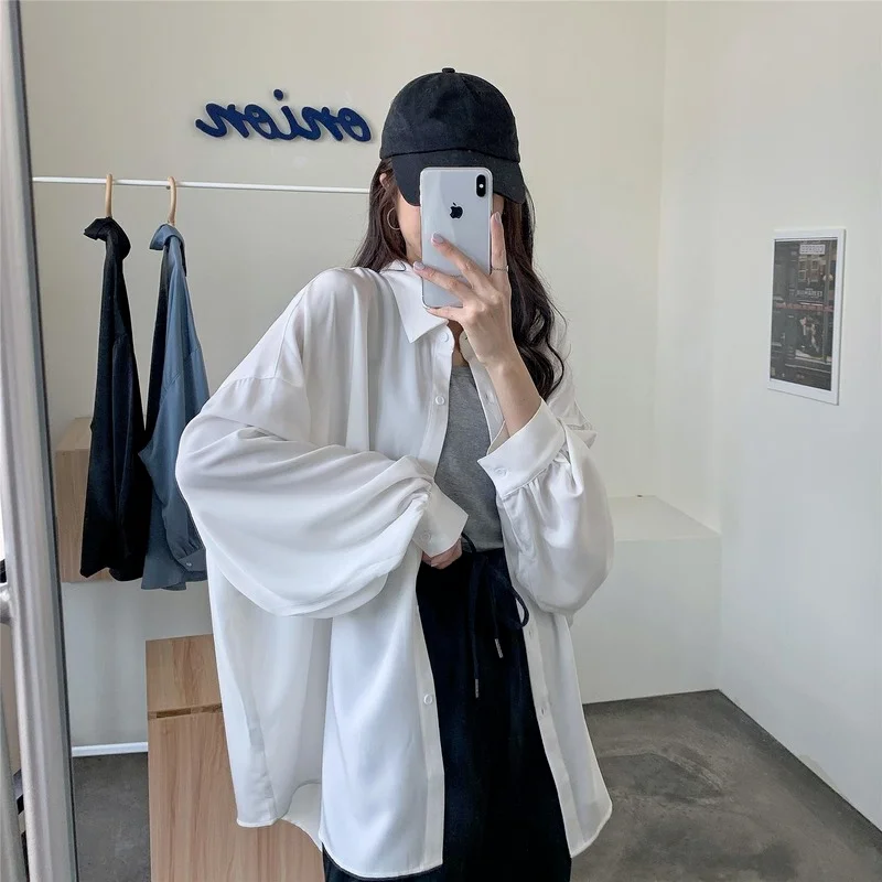 Spring Summer 2021 Women Shirt Oversize Elegant Blouses for Women Lantern Sleeve White Shirt Mid-length Shir Coat Women Tunic