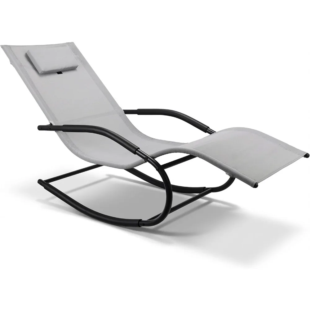 Lightweight Outdoor Rocking Lounge Chair with Detachable Pillow for Patio, Lawn, Pool, and Home in Grey