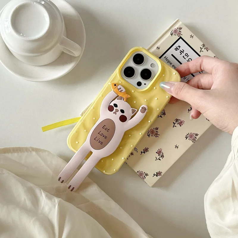 Wrinkle Polka Dot Long Leg Cat Holder Phone Case Bracket For Iphone 16 Pro Max 15 14 13 Phone Case Scratch Resistant Iphone Case
