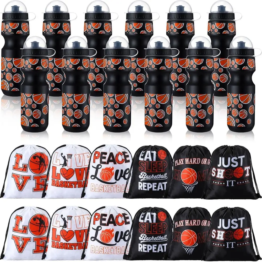 

24 Pcs 24 oz Basketball Water Bottle Bulk and Drawstring Bag Set, 12 Reusable Plastic Biking Water Bottle Tumbler, 12 Sport Gym