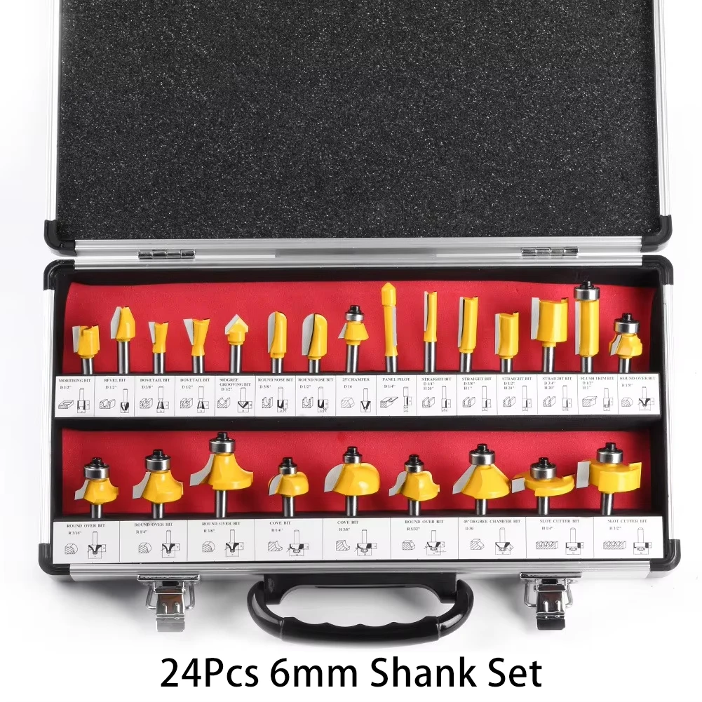 

24Pcs 6mm Shank Router Bit Engraving Trimmer Woodworking Tool Set Round Corner Grooving Milling Cutter Kit With Aluminum Case