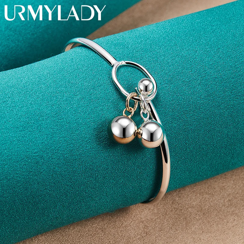 

URMYLADY 925 Sterling Silver Smooth Double Beads Bangles Bracelet For Women Wedding Fashion Charm Jewelry