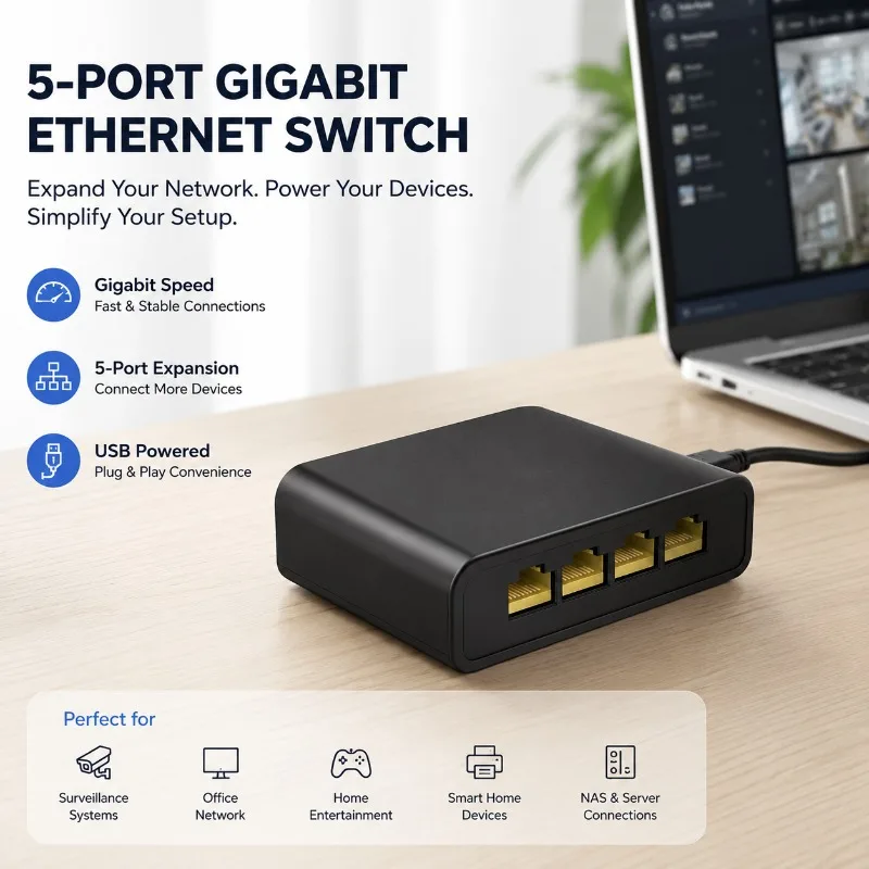 New 5-Port Gigabit Ethernet Switch Desktop Adaptive Network Hub USB Powered Network Splitter Suitable for Security Monitoring
