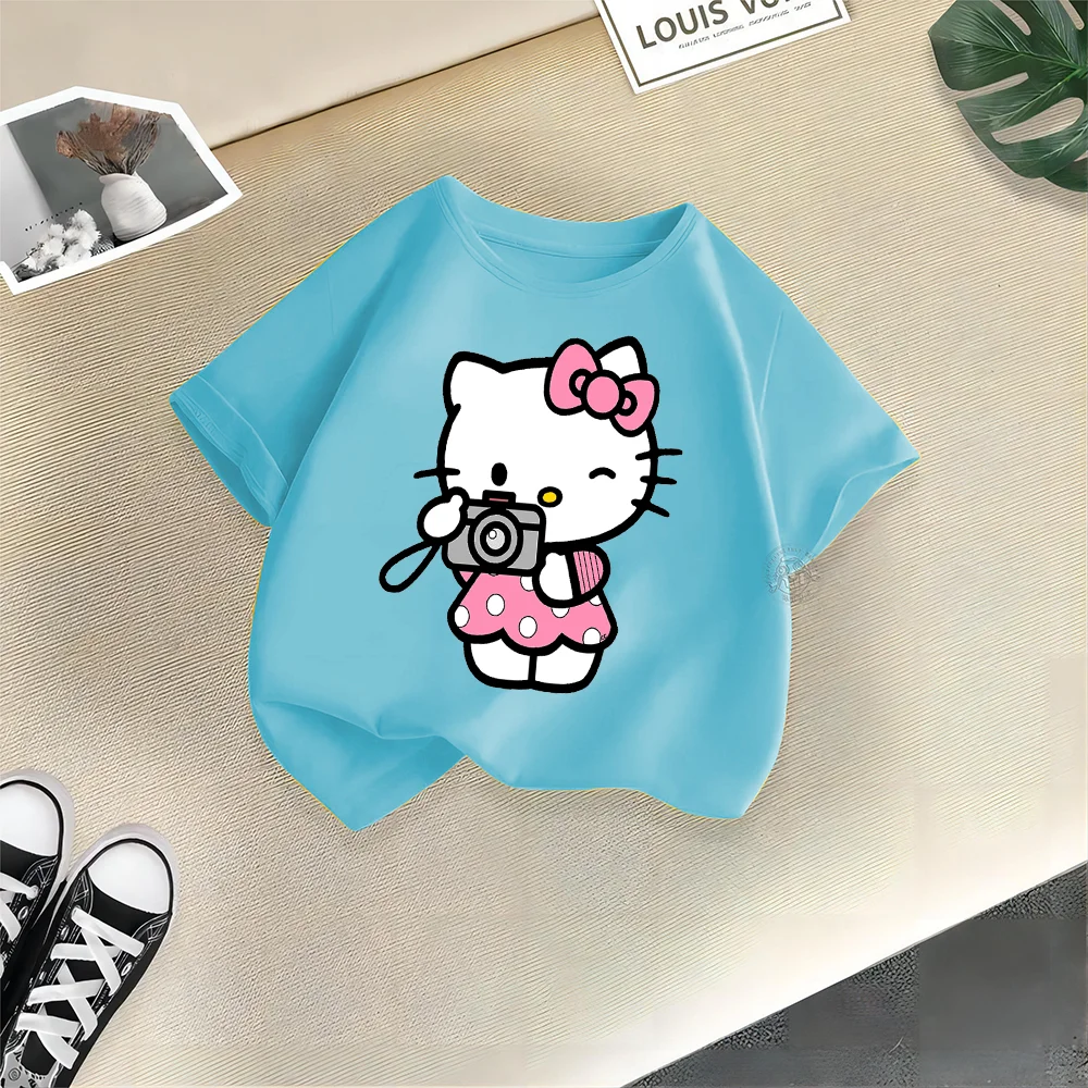 

Sanrio Teen Harajuku 100% Cotton T-shirt Simple and playful Hello Kitty Print doll Comfortable cotton T-shirt Boys girls short s