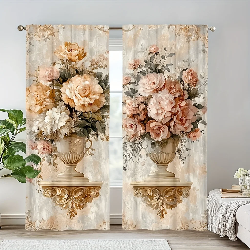 2pcs Elegant Floral Bouquet Print Polyester Curtains with Rod Pocket – Perfect for Living Room, Bedroom, Office & Kitchen Decor