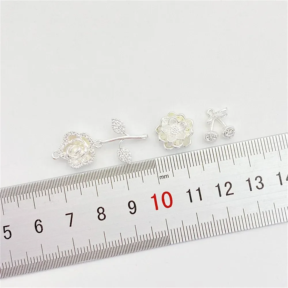 Copper Plated 925 Silver Zircon Cherry Rose Pendant Bead Spacer Handmade DIY String Bracelet Necklace Jewelry Material
