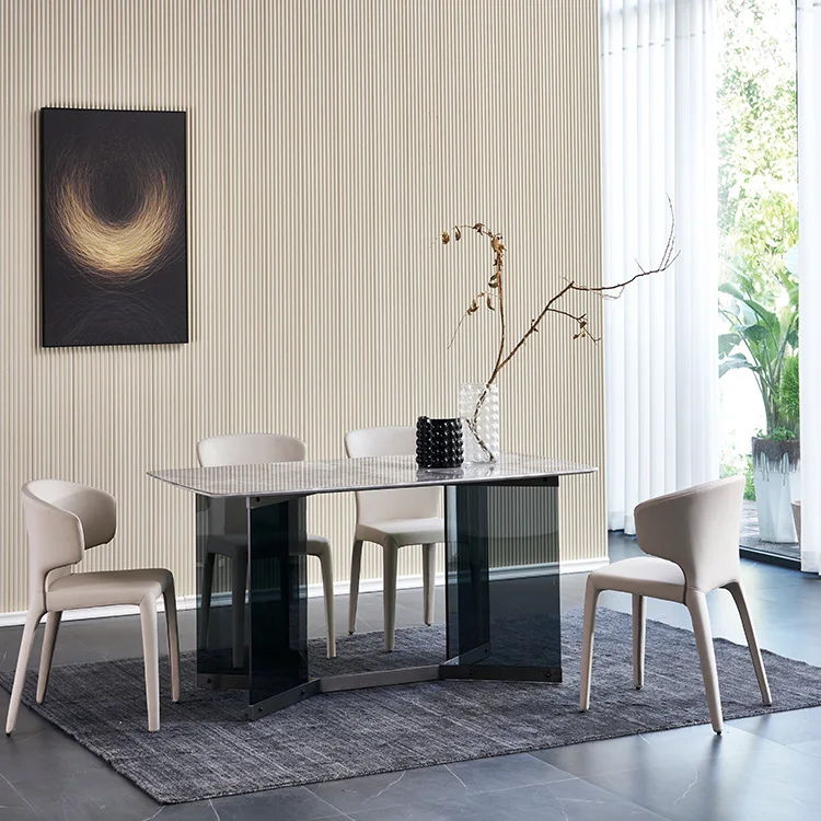 New Model Black Tempered Glass Base Slate Sintered Stone Top Dinning  Table
