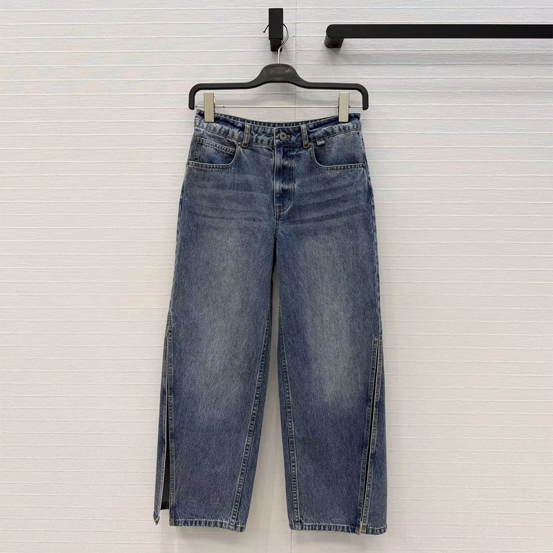 2026 New Fashion Washed Blue Loose Ankle Length Side Split Jeans Women High Waist Streetwear Novelty Denim Pants