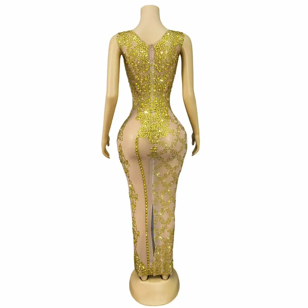 

Sexy Gold Sleeveless Rhinestone Long Dress Women Bodycon Banquet Evening Dress Ladies Crystal Prom Party Maxi Dress Club Outfit