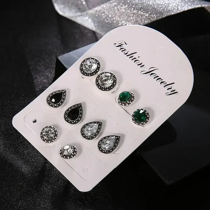 5 Pairs/Set Stud Earrings Cubic Zirconia Water Drop Green Black Crystal Gemstones Women Push-back Earring Studs