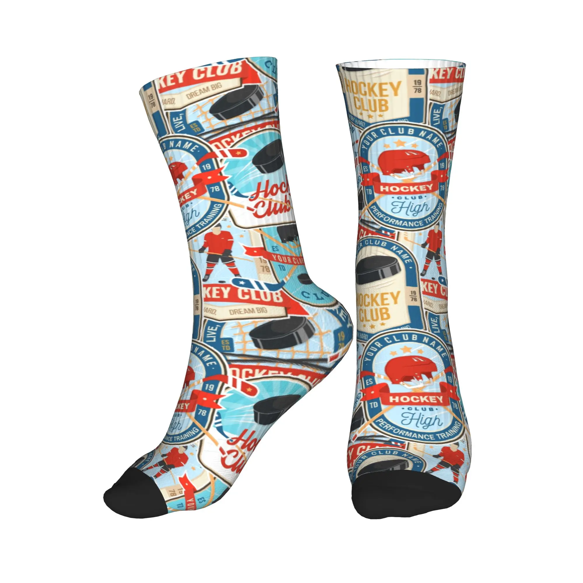 Chaussettes à imprimé amusant vintage rouge et bleu avec badge de hockey sur glace, imprimé sans couture, pour hommes et femmes, chaussettes extensibles pour l'été, l'automne et l'hiver