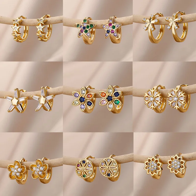 Colored Zircon Star Flower Earrings For Women Stainless Steel Petal Sunflower Hoop Earrings Luxury Jewelry Party Gifts brincos
