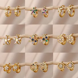 Colored Zircon Star Flower Earrings For Women Stainless Steel Petal Sunflower Hoop Earrings Luxury Jewelry Party Gifts brincos