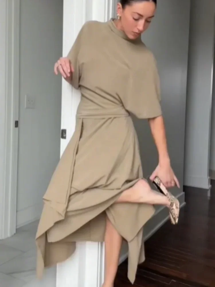 

Women's Stylish Exquisite Solid Top Skirt Sets High Neck Casual Crop Dress Irregular Pleated Hem Long Robe 2026 New Lady Outfits