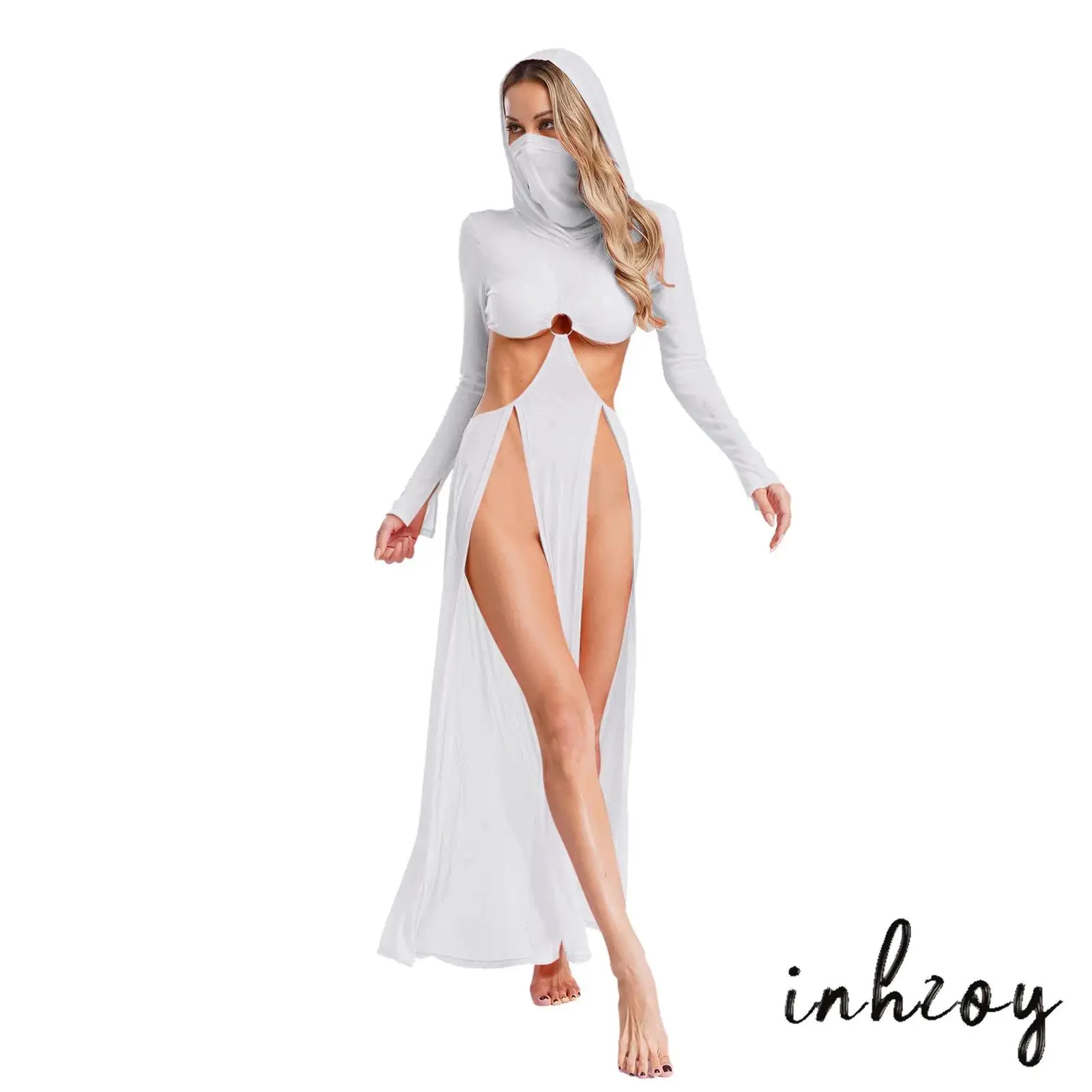 

Women Erotic Sheer Dress High Slit Dress Hooded Face Mask Long Sleeves Hollow Out Arab Style Mesh Maxi for Adult Cosplay Costume