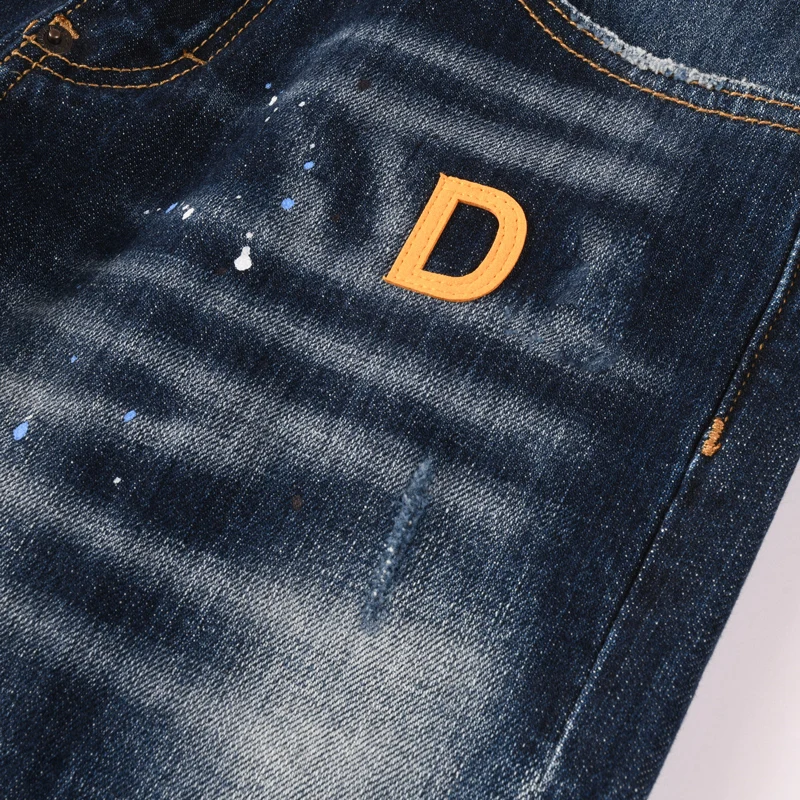 

Джинсы мужские дизайнерские High Street, ретро, синие, стрейч, слим-фит, с росписью и рваными элементами, в стиле Y2K, винтажные, брендовые, джинсовые брюки