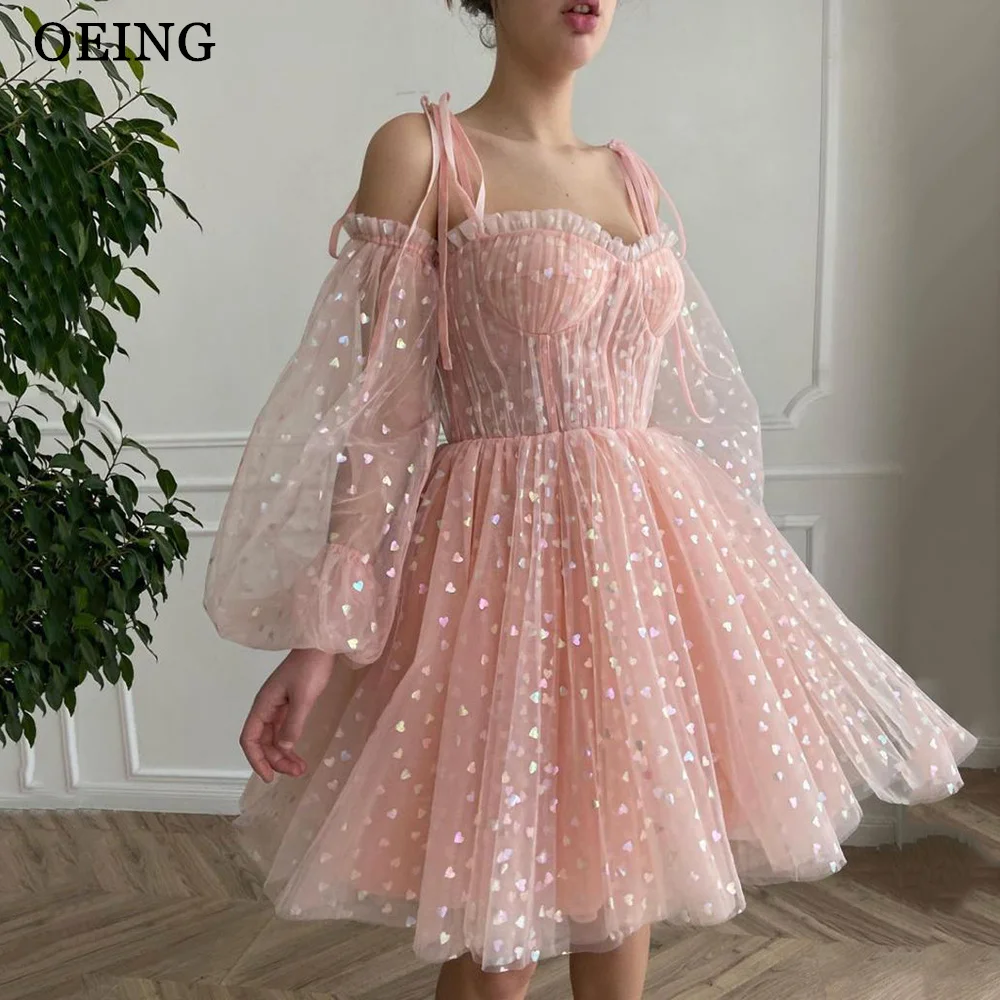 

OEING Pink Hearty A line Short Prom Dresses Sweetheart Tired Bow Straps Off The Shoulder Sleeves Prom Gowns Wedding Party Dress