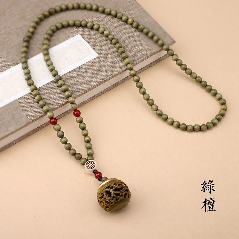 Green Sandalwood Carved Lotus Fragrance Sachet Bead For Women's Hollowed Out Openable Pendant Necklace, Wooden Neck Hanging Swea