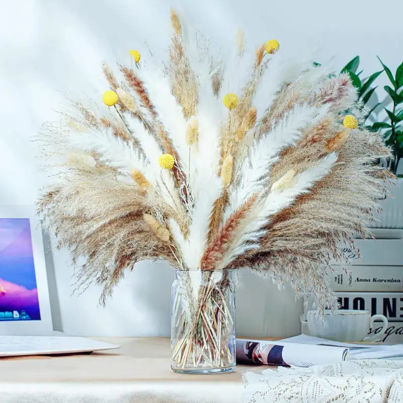 100PCS Natural Dried Pampas Grass Decor - 17.5" Fluffy Grass Bouquet - Decor Dried Flowers for Wedding Floral Room Home Party