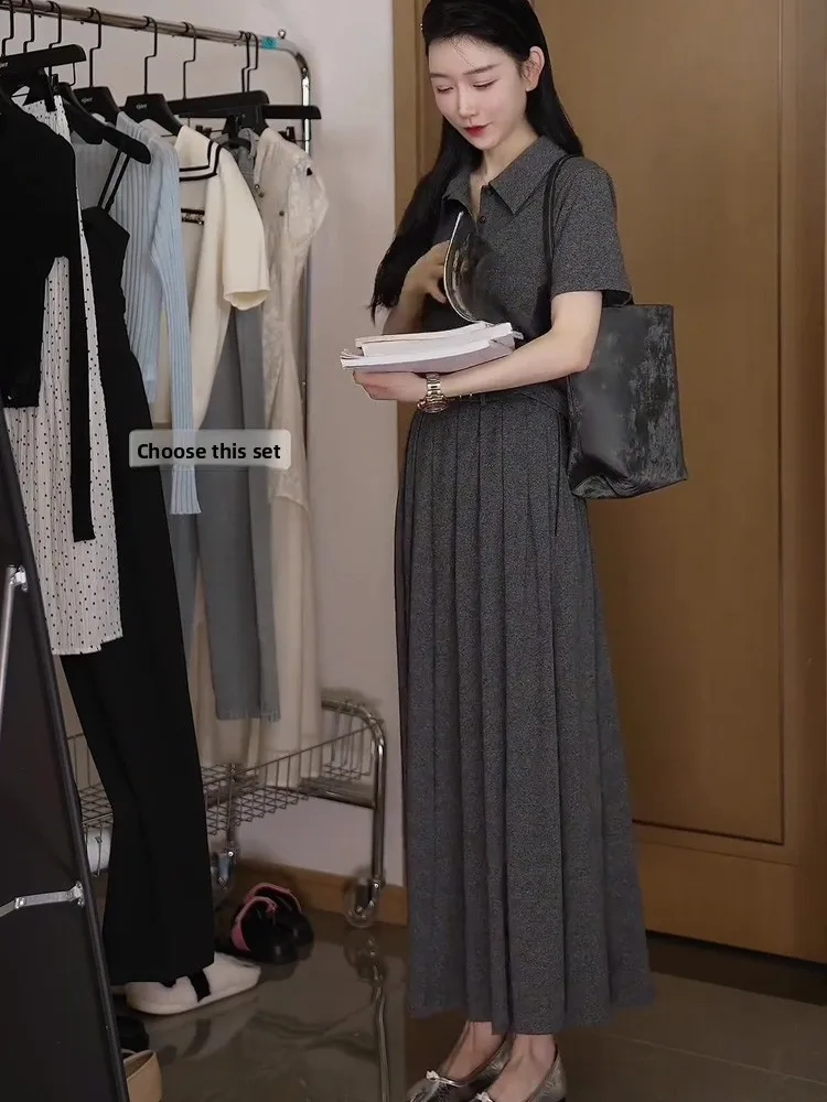 

Oajer Flagip Store Summer Vintage Light Maturi Sle ort Sve Draped f Skirt Set Women's Faion Ensemble