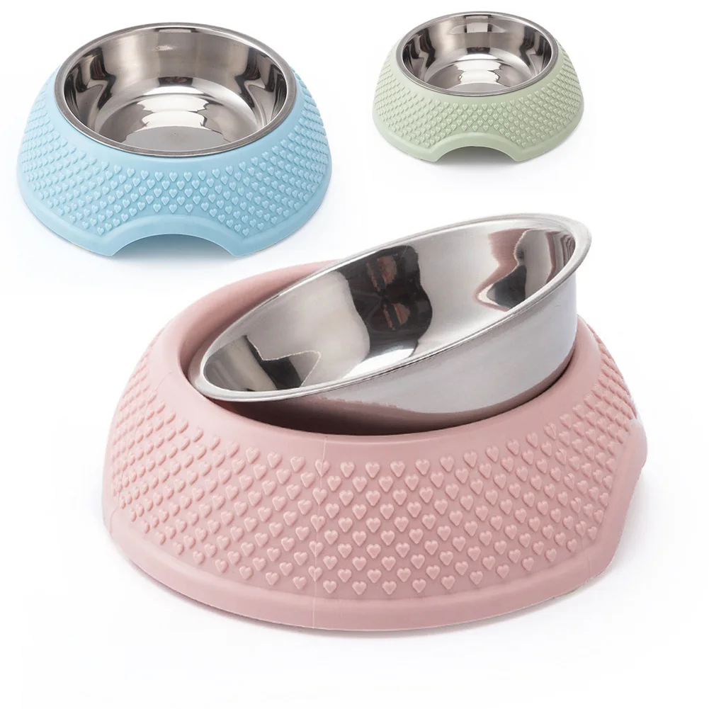 Dog Feeding Bowl Pet Tableware Drinking Dish Stainless Steel Sealed Dog Bowl Pink Green Blue Cat Bowls With Heart-Shaped Pattern