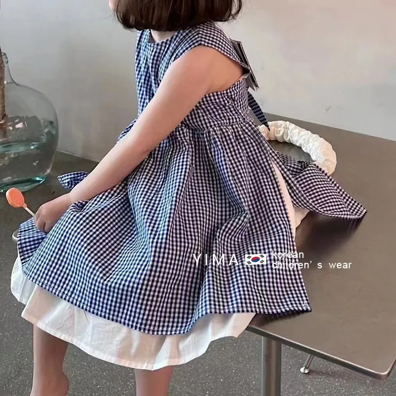 2024 Summer Kids Dresses for Girls Cute Blue Plaid Splice Dress Toddler Girl Kawai Tank Dress Princess Dress for Girls