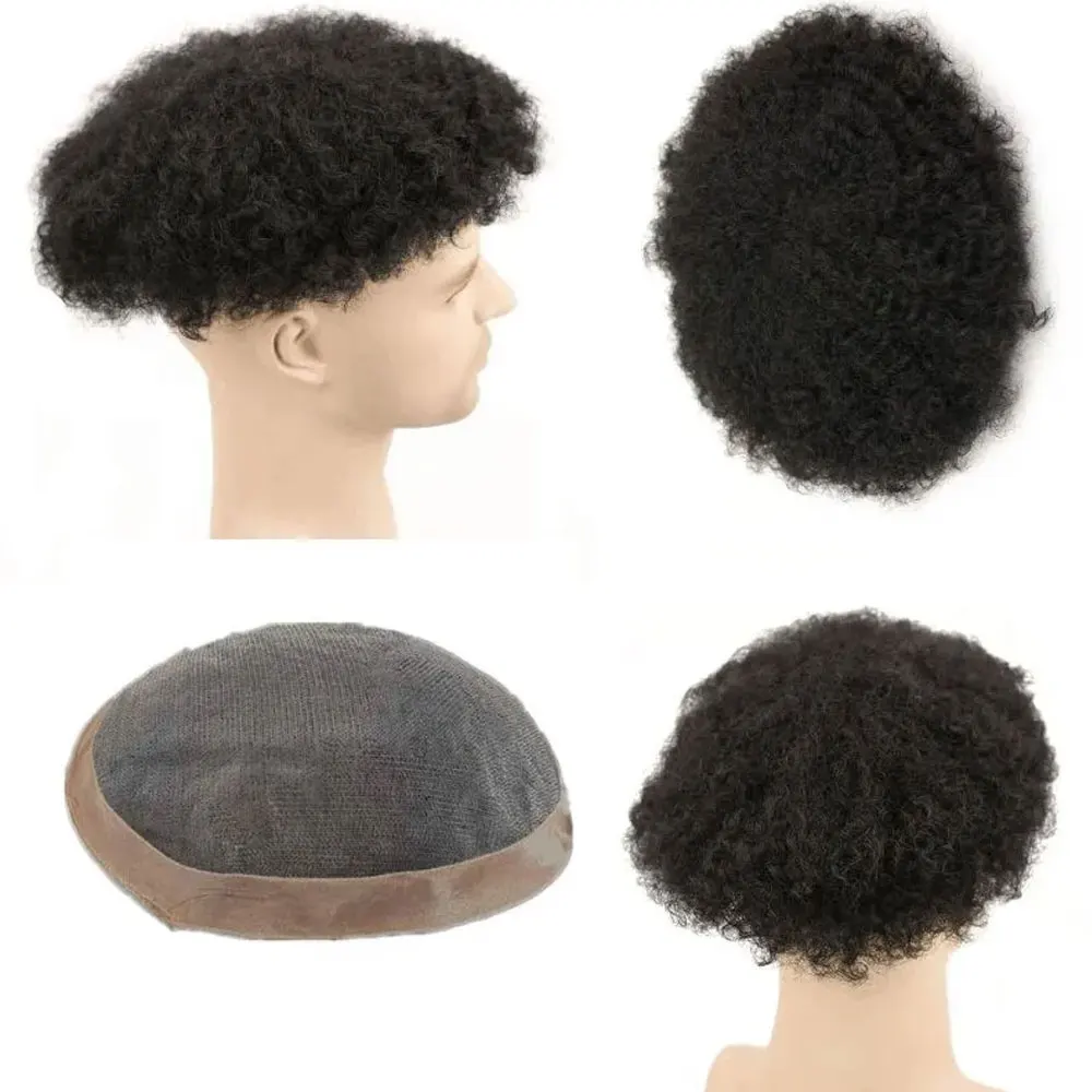 Afro Kinky Toupee Lace with PU Hair Replacement System Afro Kinky Curly lndian Remy Black Human Hair Wig For Men's Hairpiece