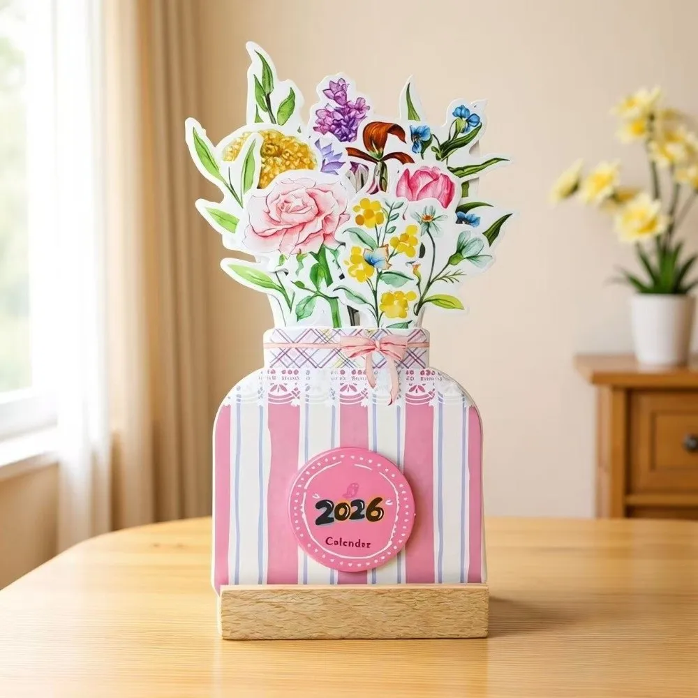 Wooden Stand Flowers Desk Calendar Card Insert Traditional Vase-Like Calendar Paper Craft Mini Desk Calendar New Year