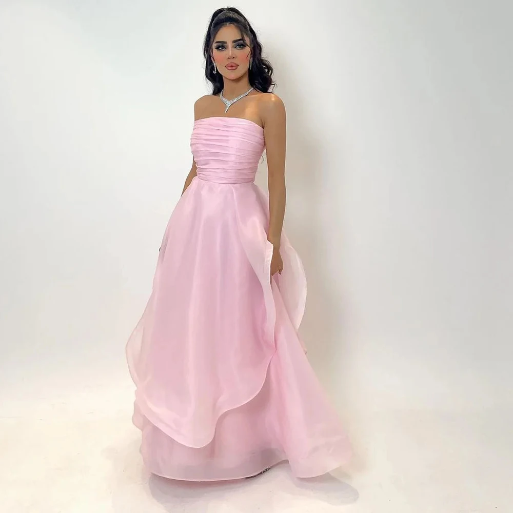 

Customized Strapless Luxury Pink Evening Dresses A-Line Pleat Ruched Formal Occasion Gown Tiered Floor Length Celebrity Party Go