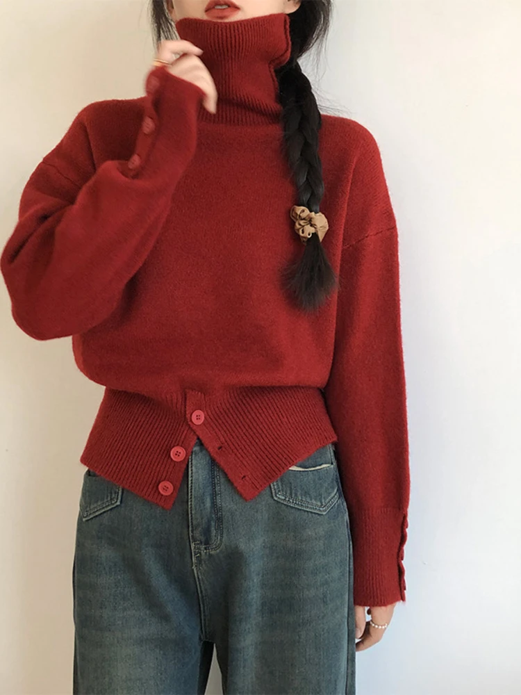 

Pure Color High Ne Knit Sweater Women's Loose Fitted Overhead Turtlene Pullover Boting irt for Autumn And Winter