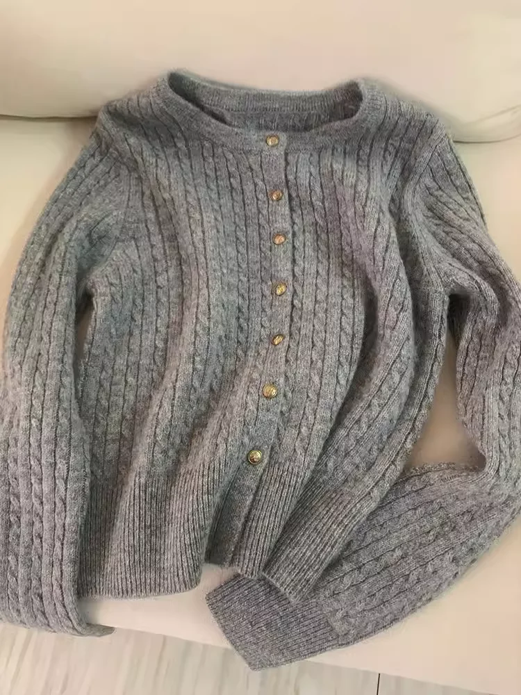 New grey cashmere knit cardigan women's autumn and winter high-grade soft waxy cashmere sweater coat short outer coat