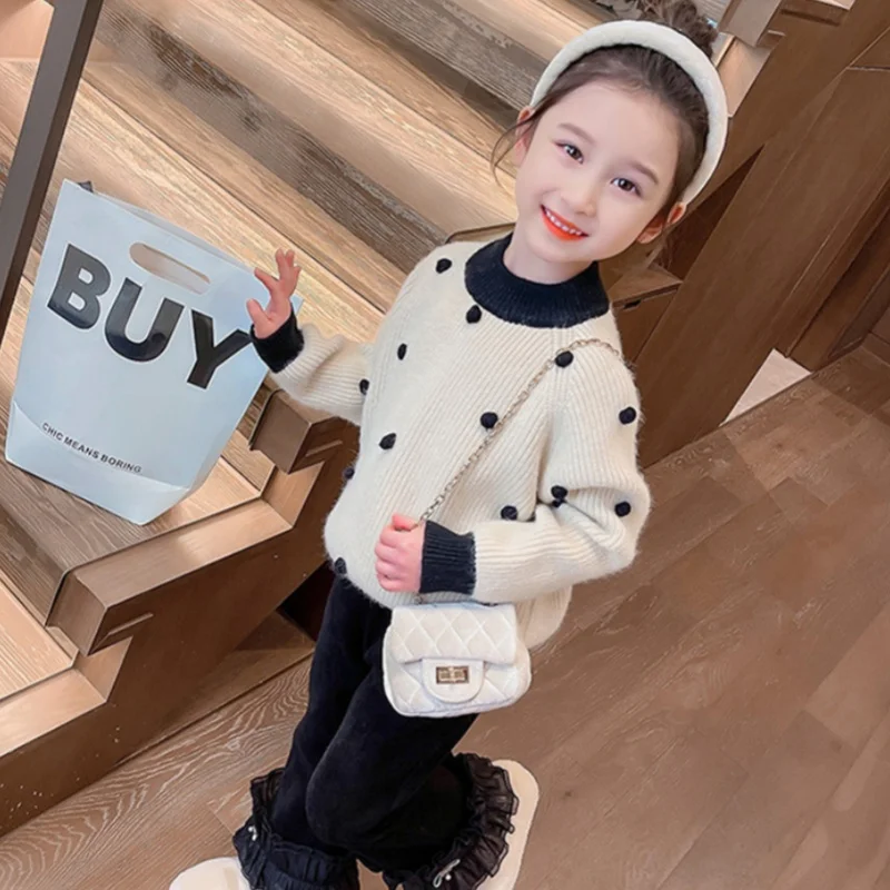 

Girls Sweater Wool Coat Kids Tops Knitting 2024 Scoop Thicken Warm Winter Autumn Pullover Christmas Gift Sport Children's Clothi