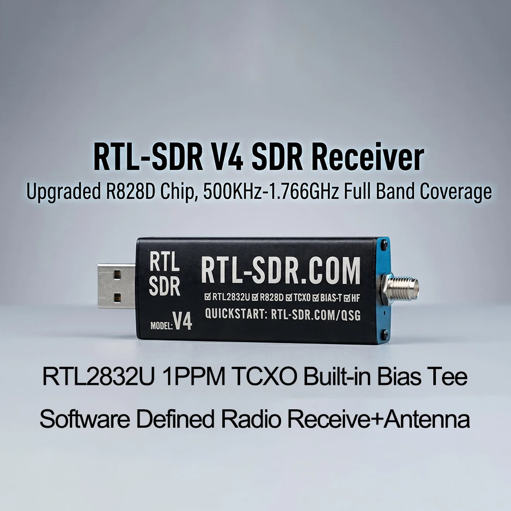 RTL-SDR V4 Software Defined Radio Receiver 500KHz-1.766GHz R828D Tuner Chip Metal Casing SMA Port RTL2832U 1PPM TCXO Bias Tee