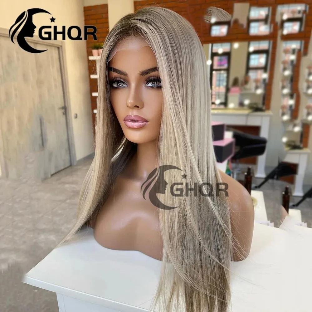Hochwertige Aschblonde Highlight Seidig Glatte Lace Front Echthaar-Perücke