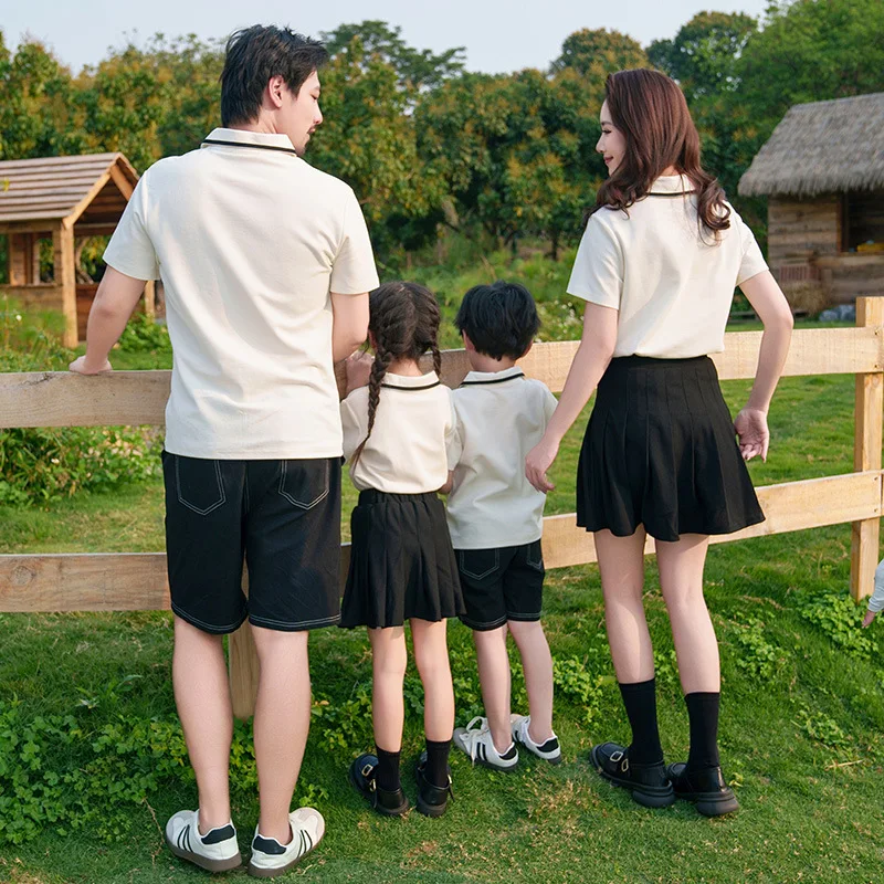 Family Couple Matching Outfits Clothing Father Mother Children Clothes Sets Mom Daughter Tops Skirts Korean Dad Son Polo Shirts