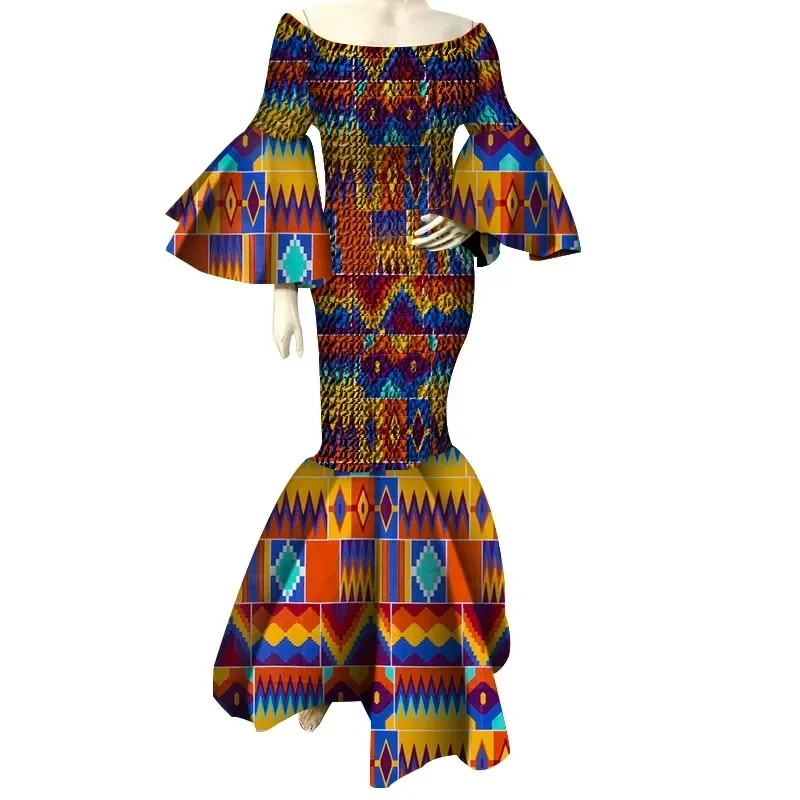 New African Dresses for Women Print Ruffles Sleeve Long Dresses Vestidos Stretch African Ankara Dresses Clothing WY4303