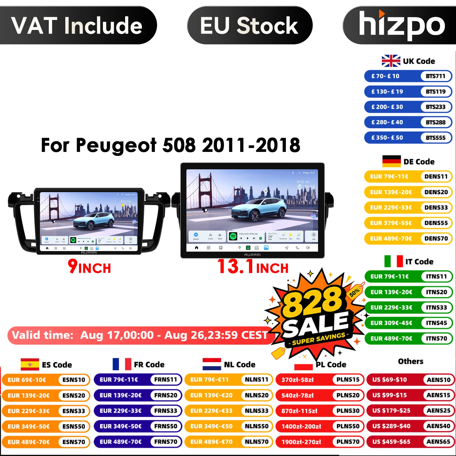 Hizpo 9 Zoll Autoradio für Peugeot 508 508SW 2011 - 2018 Carplay Android Auto Multimedia-Player Stereo 4G Navigation GPS Auto Intelligentes System KI-Sprachsteuerung Smart QLED 1920*1200 2K 3D