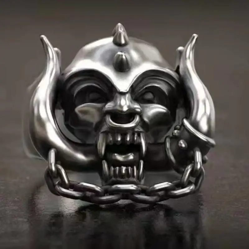 Vintage Gothic Style Iron Chain Bull Skull Metal Punk Ring Men Domineering Rock Party Biker Jewelry Trendy Men\'s Accessories